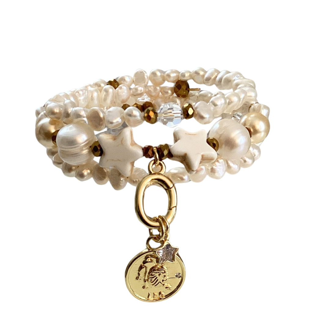 Zodiac Golden Freshwater Pearl Charm Bracelet Wrap