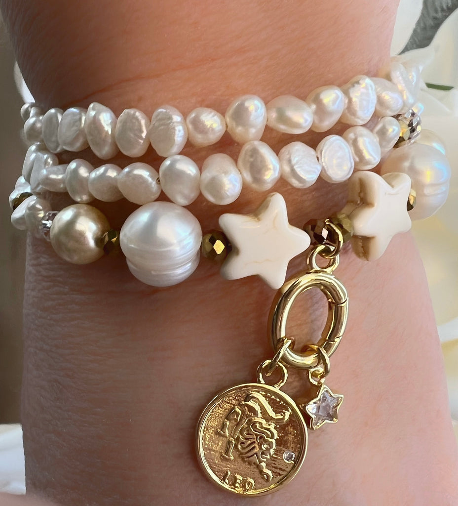 Zodiac Golden Freshwater Pearl Charm Bracelet Wrap