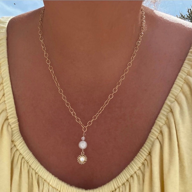 Sun Moonstone Pearl Drop Necklace