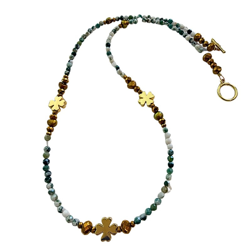 Clover Green Tree Agate Station Necklace