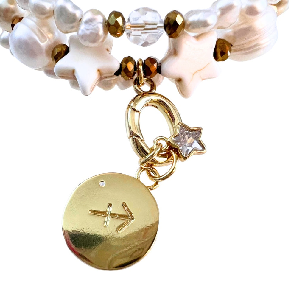 Zodiac Golden Freshwater Pearl Charm Bracelet Wrap
