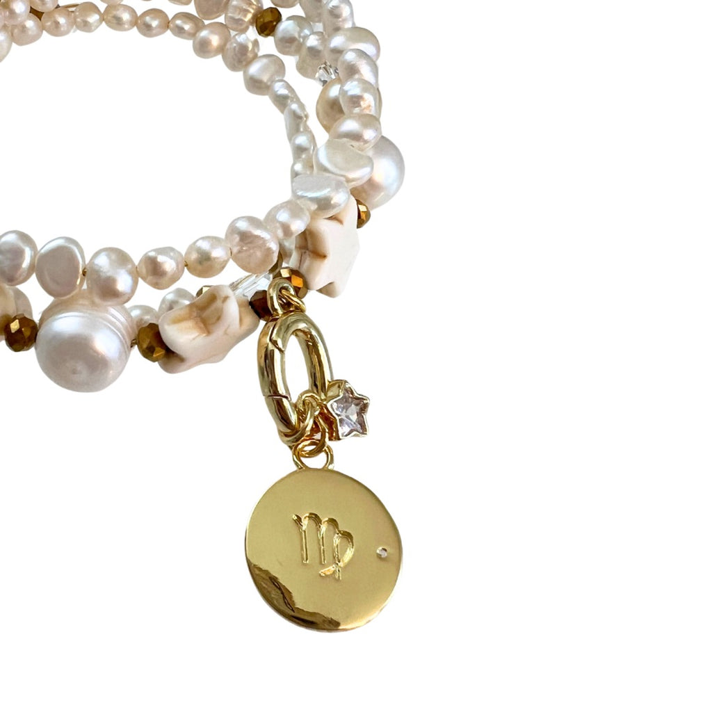 Zodiac Golden Freshwater Pearl Charm Bracelet Wrap