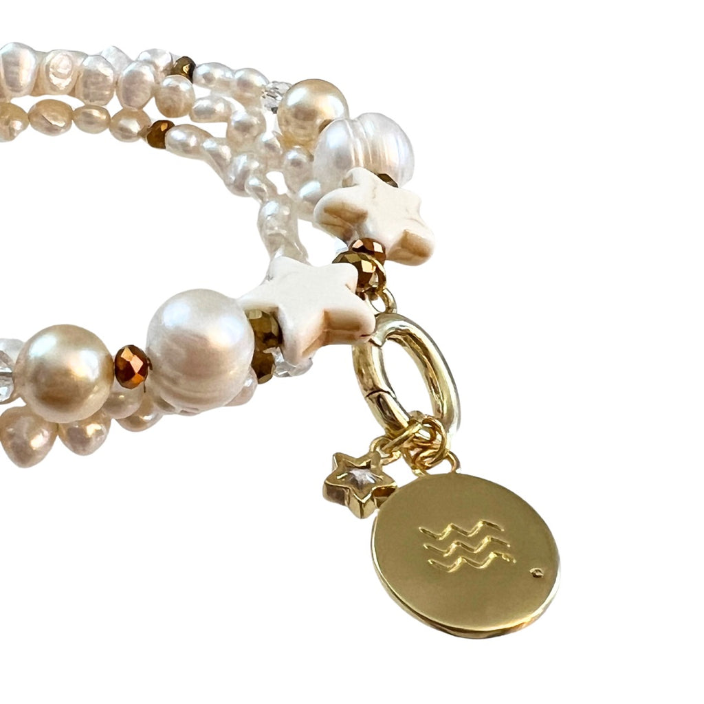 Zodiac Golden Freshwater Pearl Charm Bracelet Wrap
