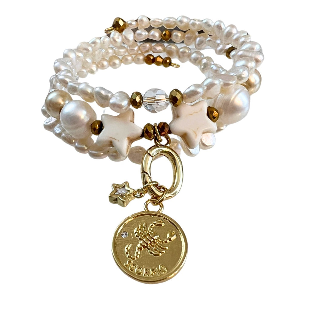 Zodiac Golden Freshwater Pearl Charm Bracelet Wrap