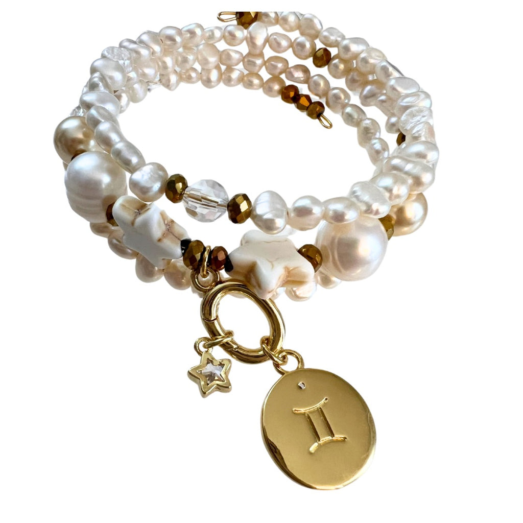 Zodiac Golden Freshwater Pearl Charm Bracelet Wrap