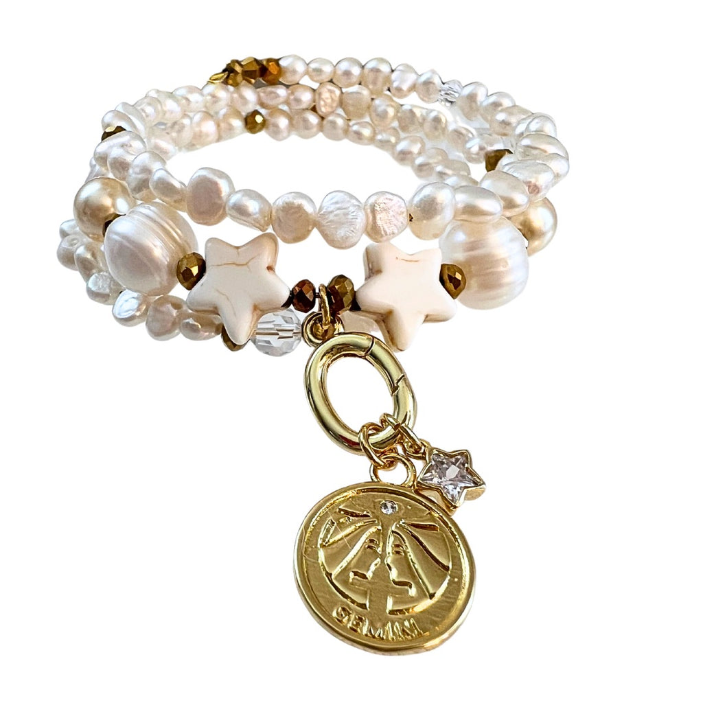 Zodiac Golden Freshwater Pearl Charm Bracelet Wrap