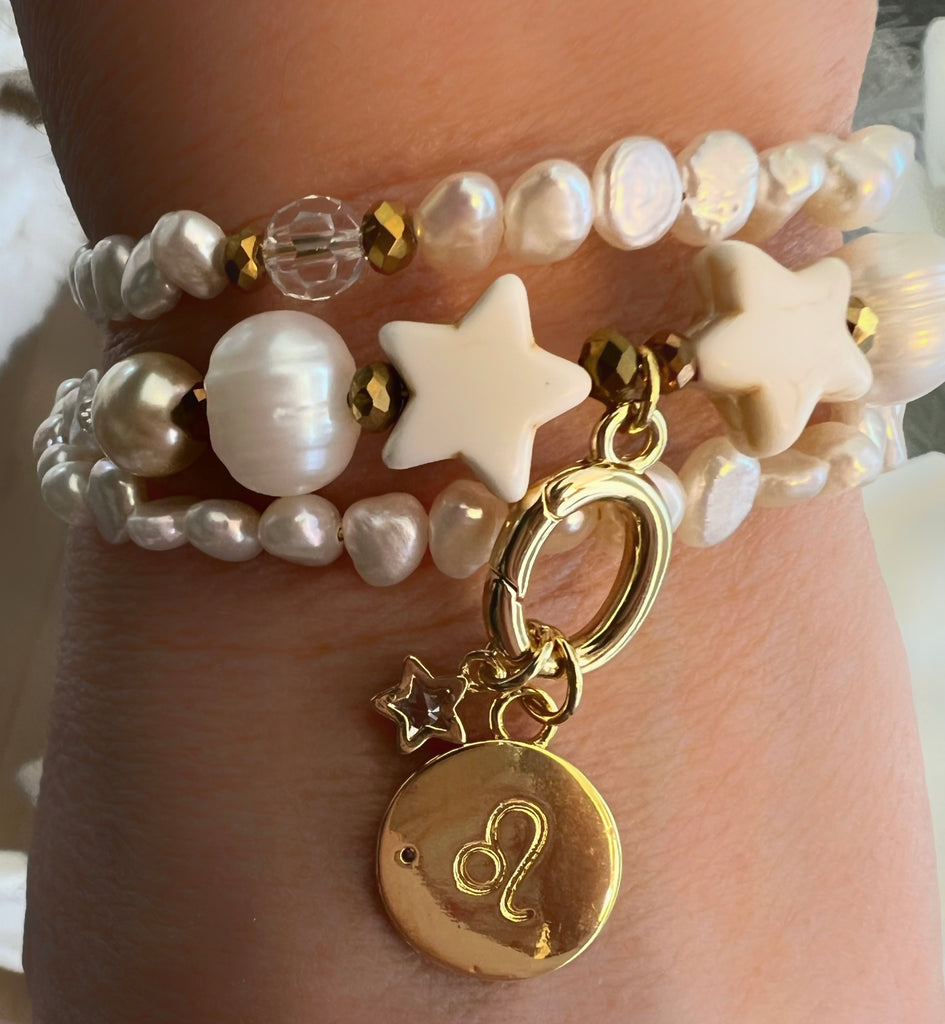 Zodiac Golden Freshwater Pearl Charm Bracelet Wrap