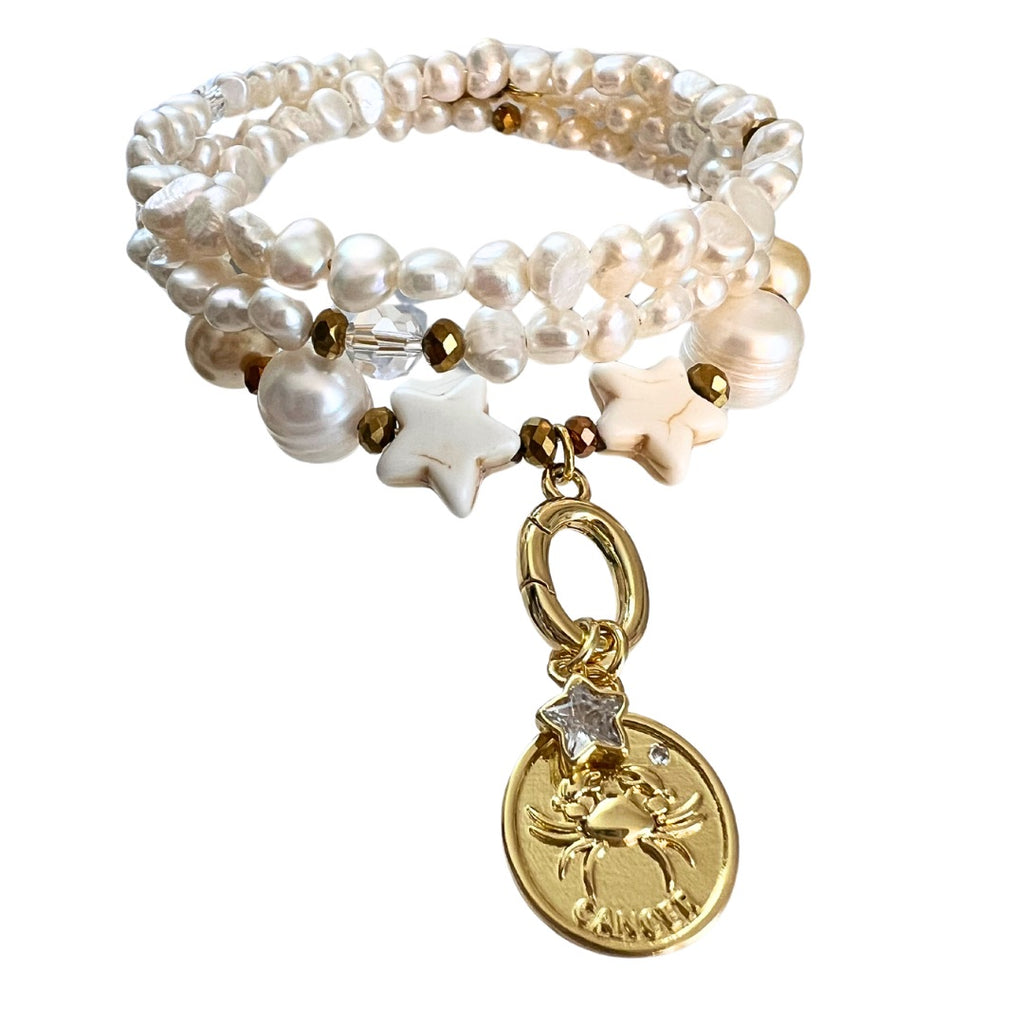 Zodiac Golden Freshwater Pearl Charm Bracelet Wrap