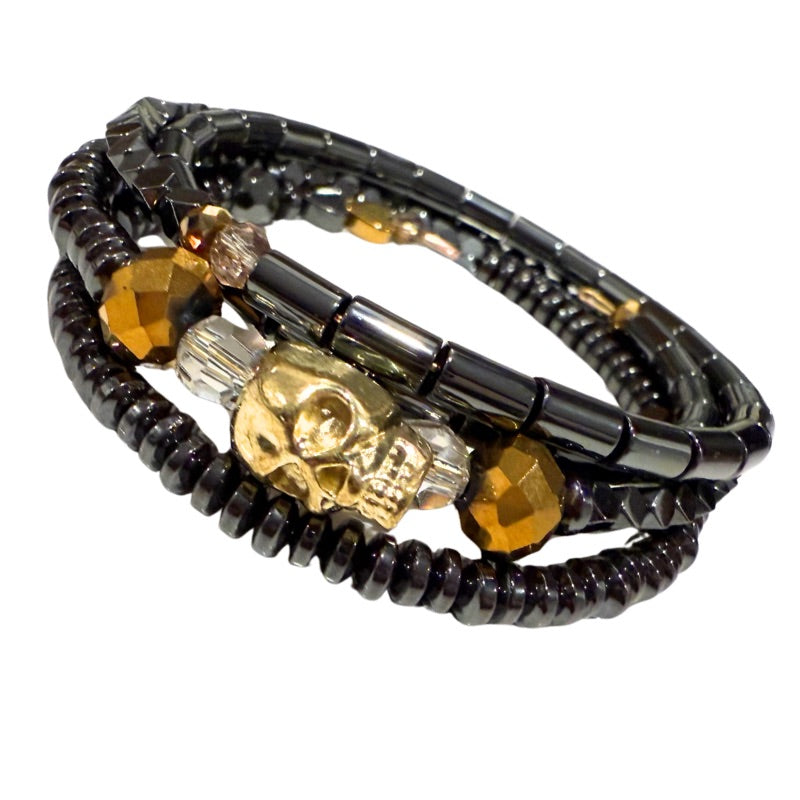 No Fear Skull Hematite Wrap Bracelet & AngelEyes Heart Hat Bundle