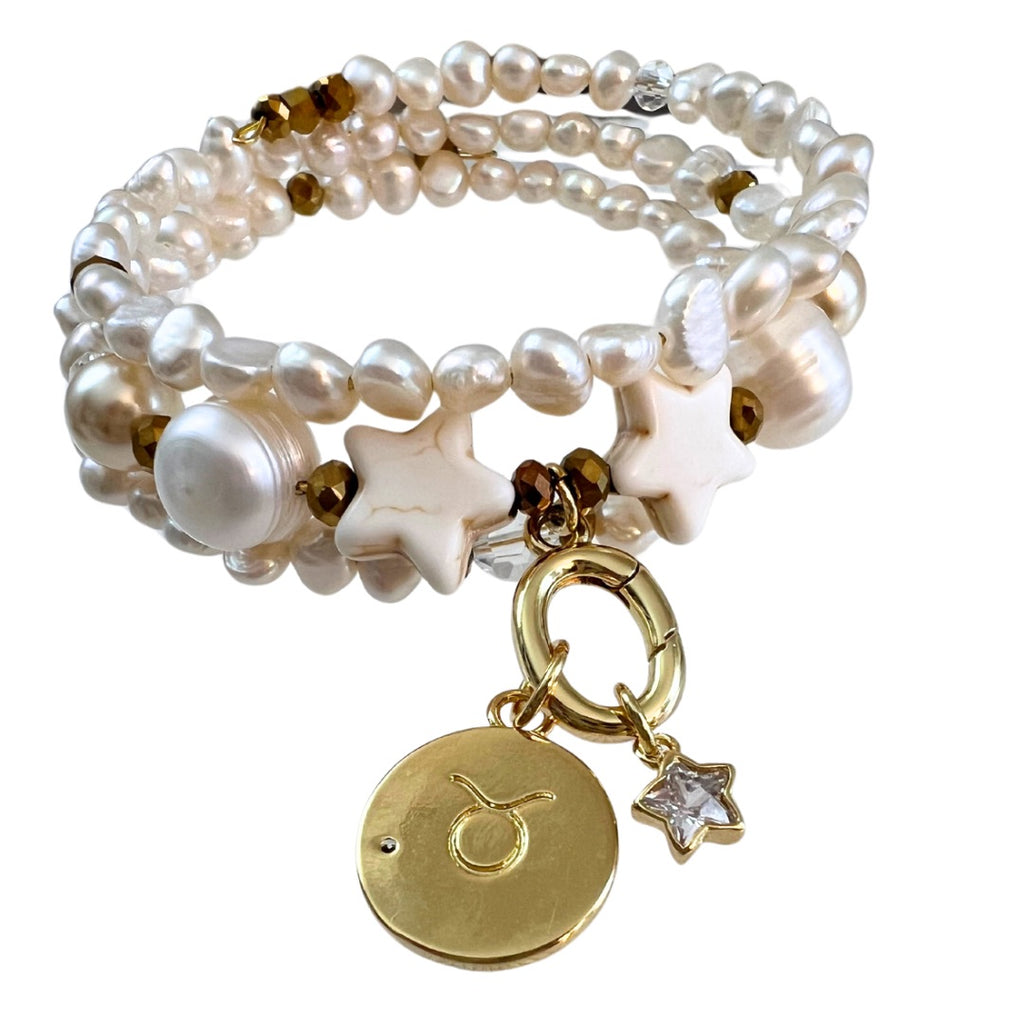 Zodiac Golden Freshwater Pearl Charm Bracelet Wrap