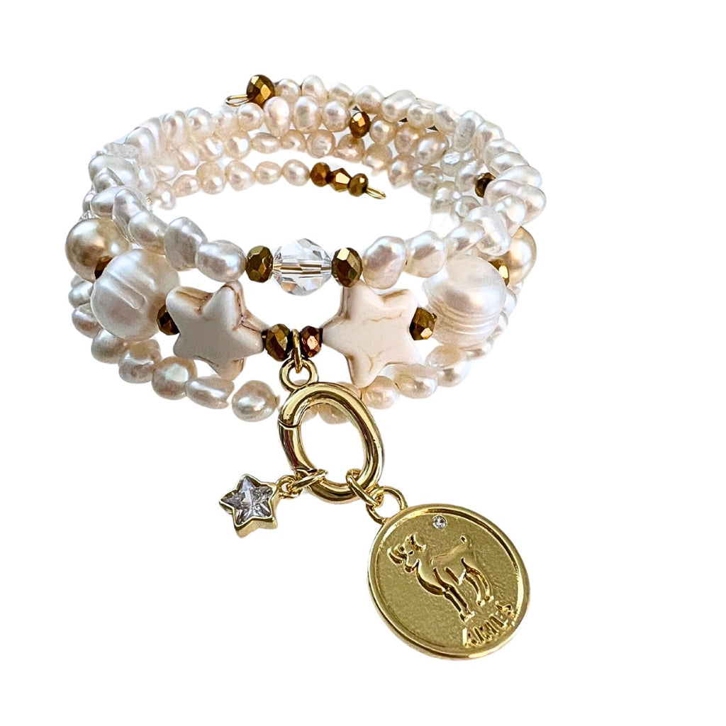Zodiac Golden Freshwater Pearl Charm Bracelet Wrap