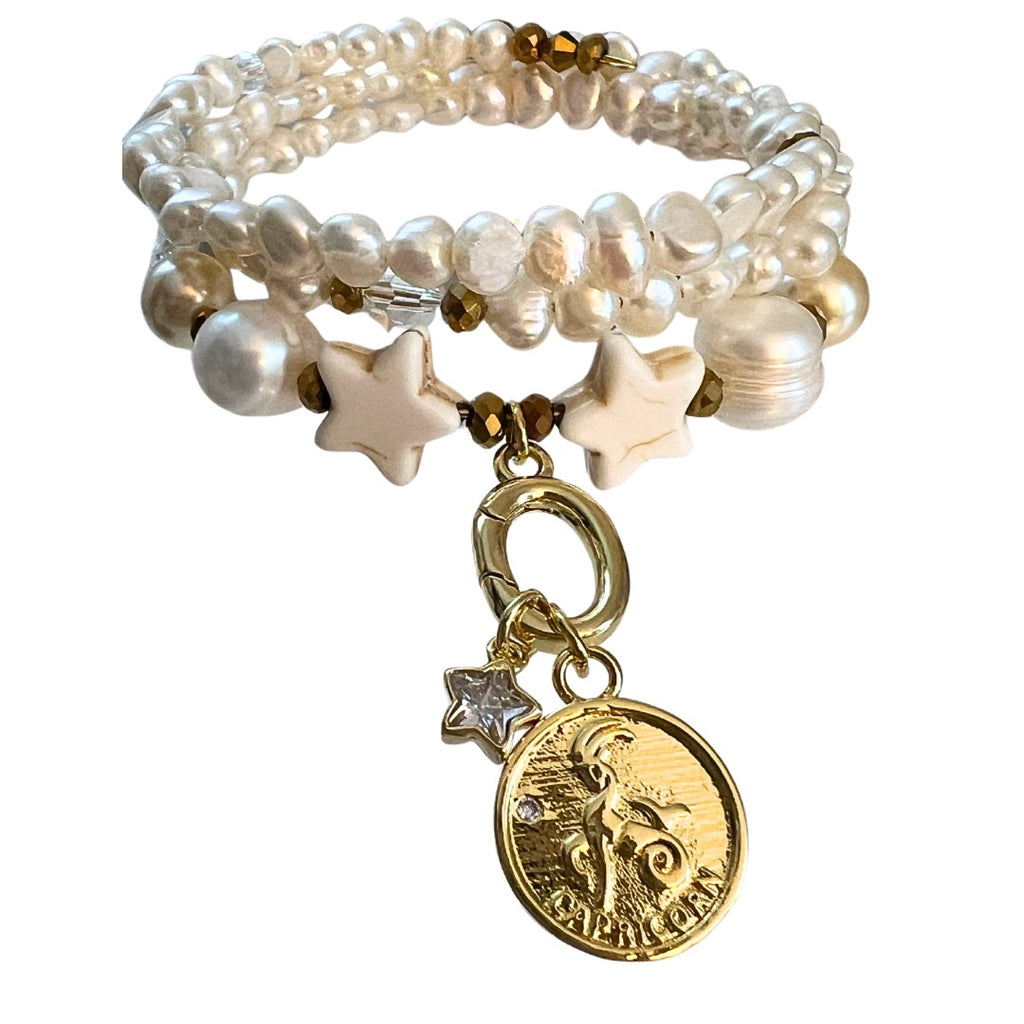Zodiac Golden Freshwater Pearl Charm Bracelet Wrap