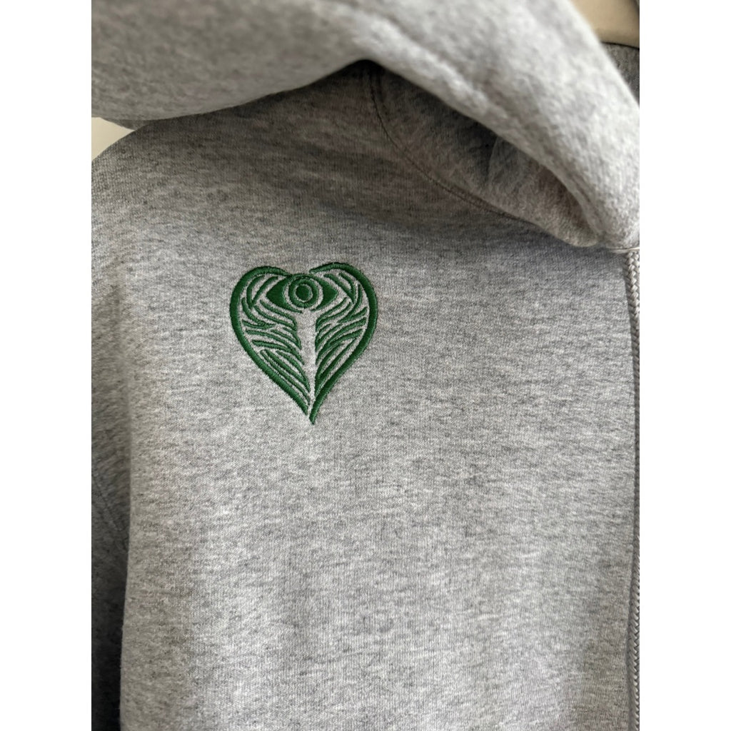 Green Embroidered AngelEyes Heart on the Shoulder Grey Hoodie & Green Star Aventurine Bracelet