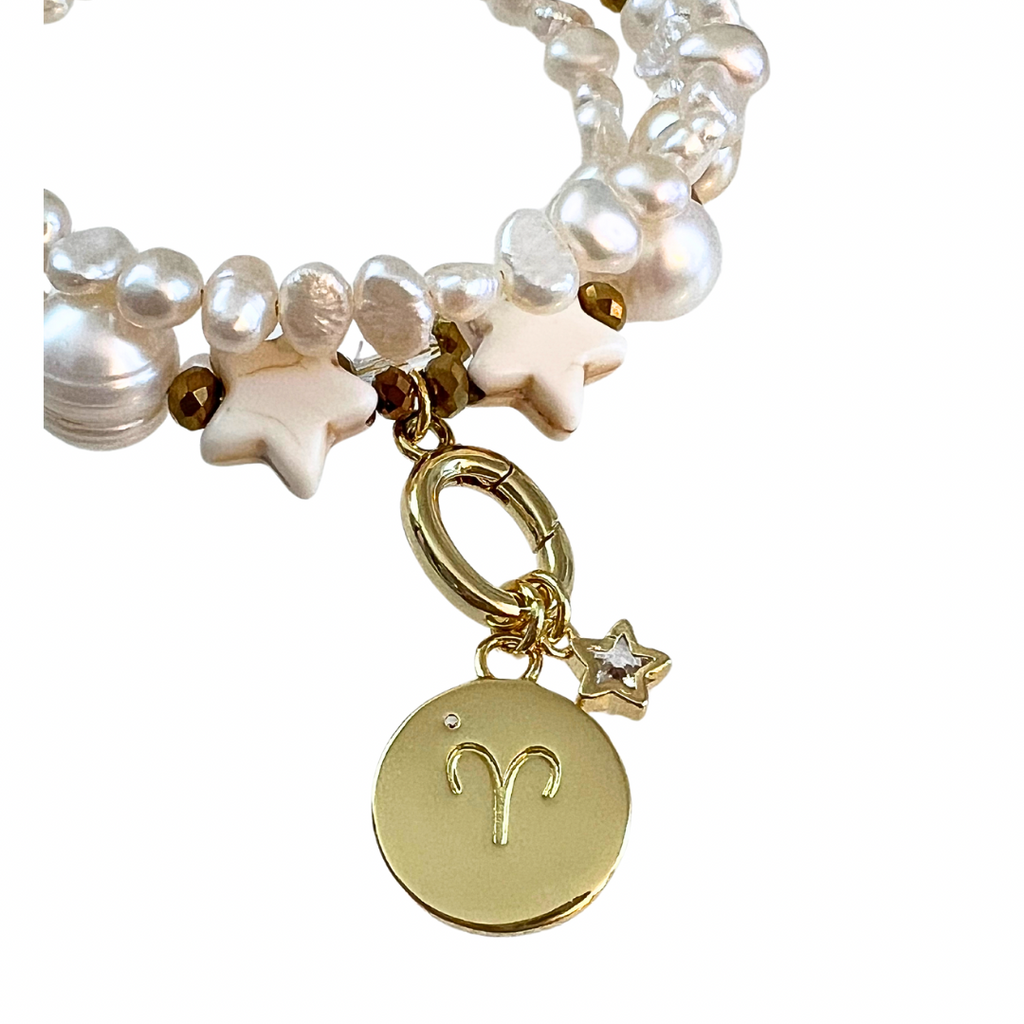 Zodiac Golden Freshwater Pearl Charm Bracelet Wrap