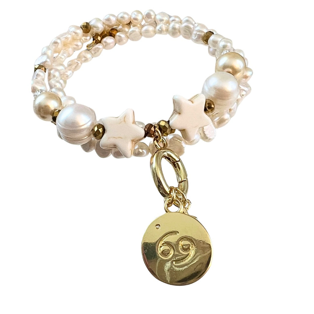 Zodiac Golden Freshwater Pearl Charm Bracelet Wrap