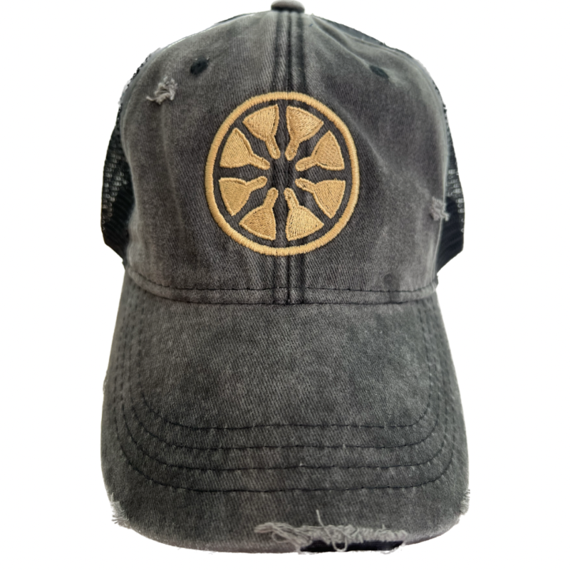 Gold Dharma Wheel Black Hat by Goddaughters