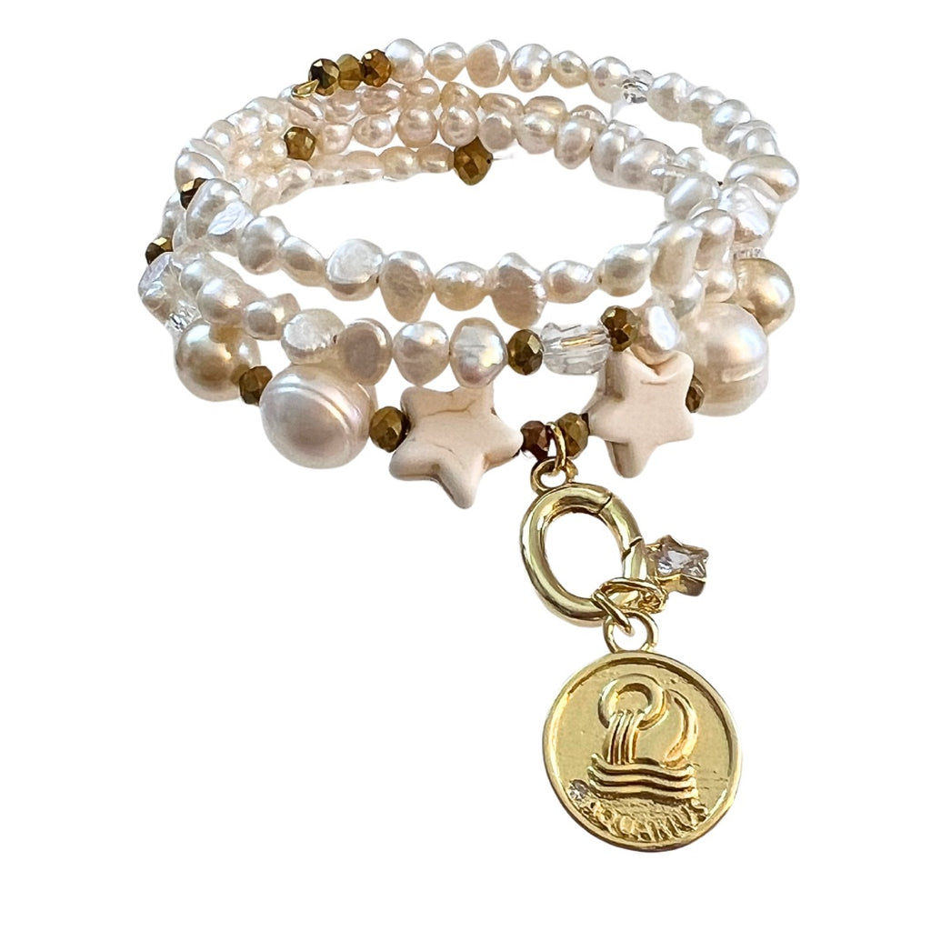 Zodiac Golden Freshwater Pearl Charm Bracelet Wrap