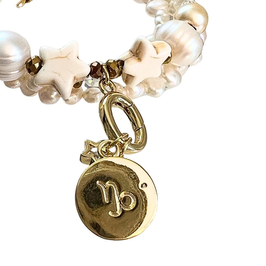 Zodiac Golden Freshwater Pearl Charm Bracelet Wrap