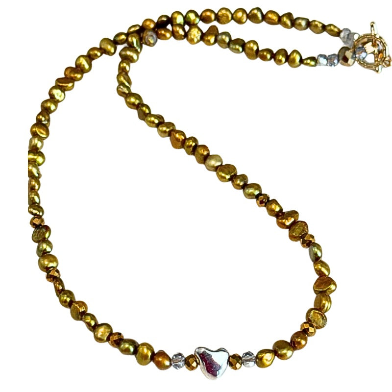 Mindful Pebble Heart Gold Freshwater Pearl Necklace