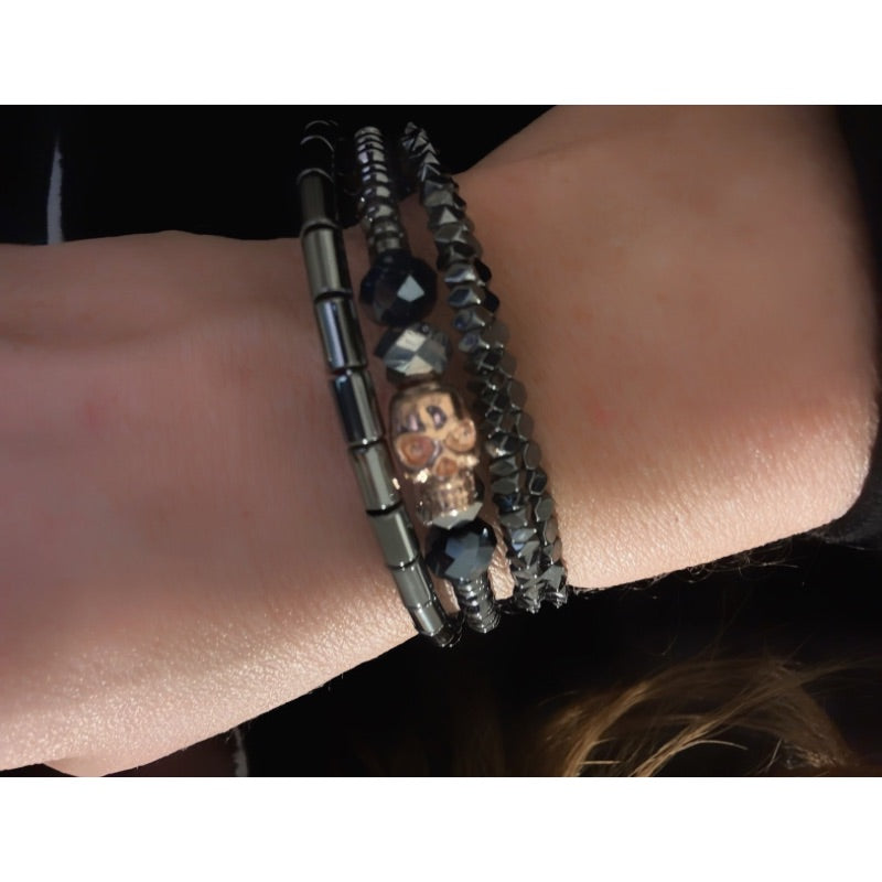 No Fear Skull Hematite Wrap Bracelet & AngelEyes Heart Hat Bundle