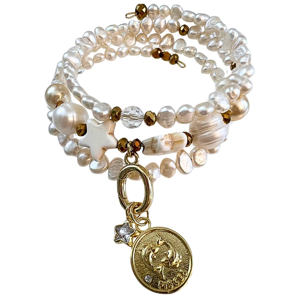 Zodiac Golden Freshwater Pearl Charm Bracelet Wrap