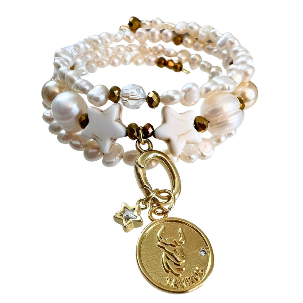 Zodiac Golden Freshwater Pearl Charm Bracelet Wrap
