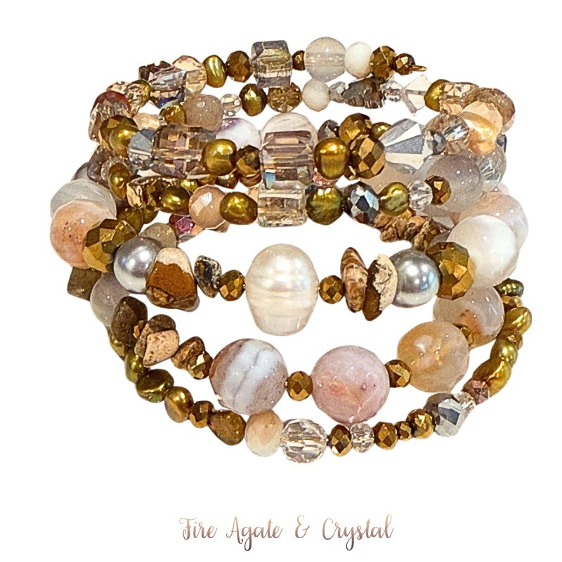 Fire Agate & Crystal Pearl for Peace Wrap Bracelet by Goddaughters
