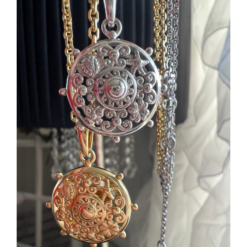 Goddaughters Goddess Scroll Dharma Wheel Necklaces Silver & Gold Wearable Art for the Soul Inspired by the beauty of nature and the eightfold path