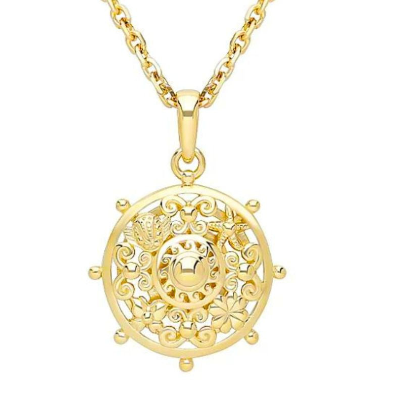 Goddaughters Goddess Scroll Gold Dharma Wheel Necklace Designed with symbols of empowerment from nature