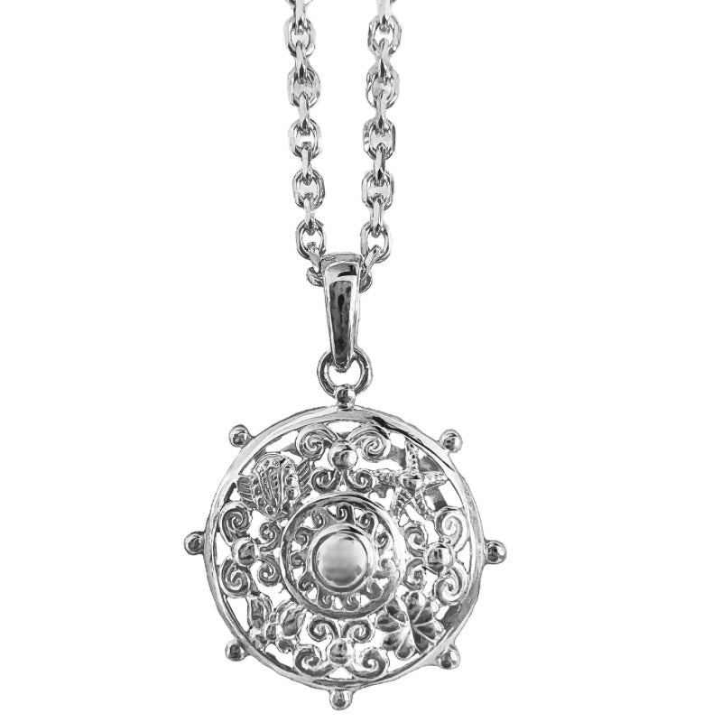 Goddess Scroll Sterling Silver Dharma Wheel Necklace inspired by nature and the teachings of Buddha