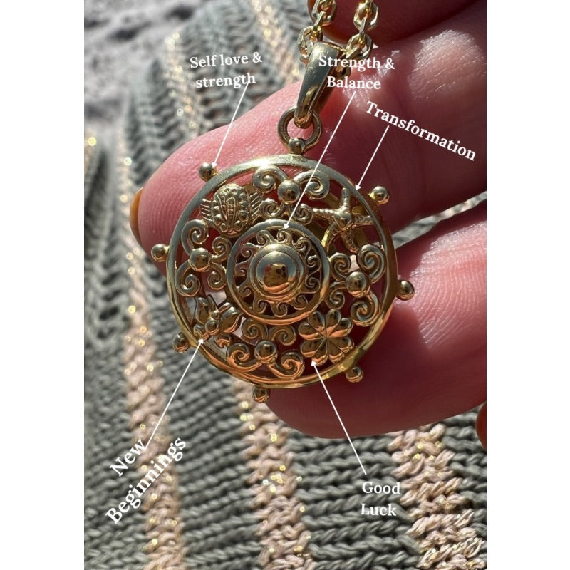Goddaughters Gold Goddess Scroll Dharma Wheel Necklace Empowering Symbolism from Nature