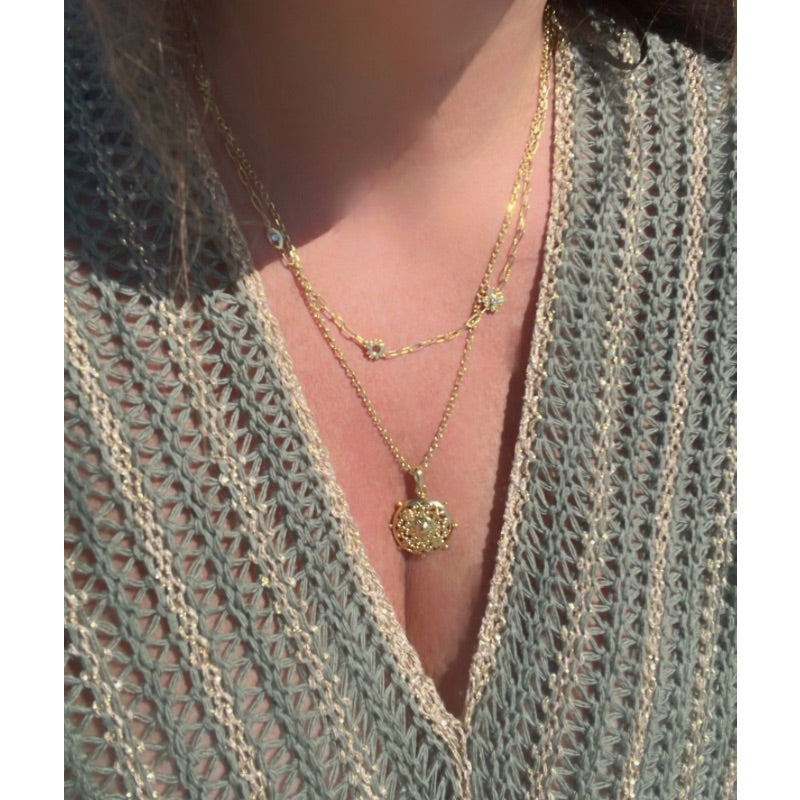 Goddaughters Gold Goddess Scroll and Good Vibes Necklaces