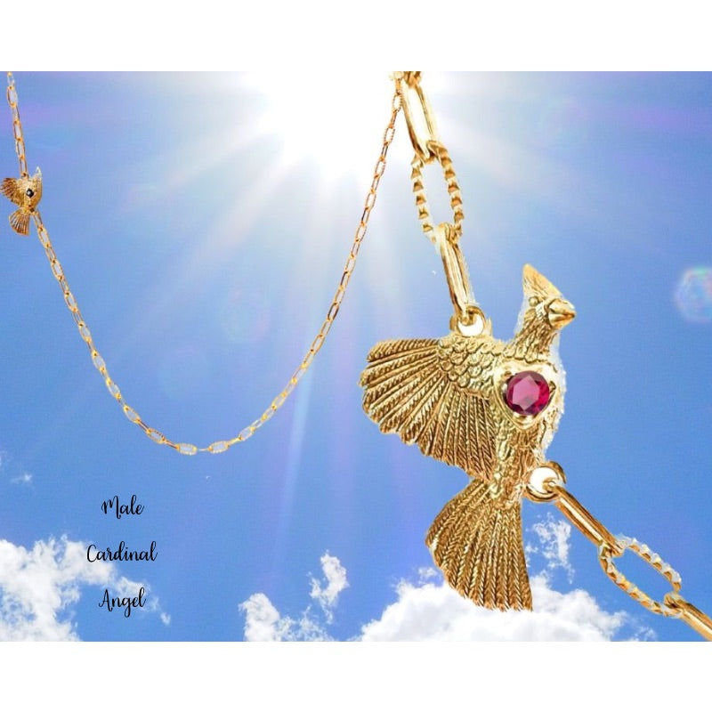 Goddaughters Gold Male Cardinal Angel on the Shoulder Necklace with Garnet