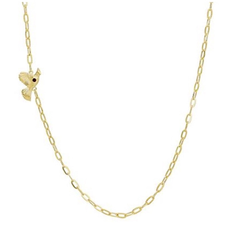 Goddaughters Gold Male Cardinal Angel on the Shoulder Necklace with Garnet gemstone Represents the male cardinal