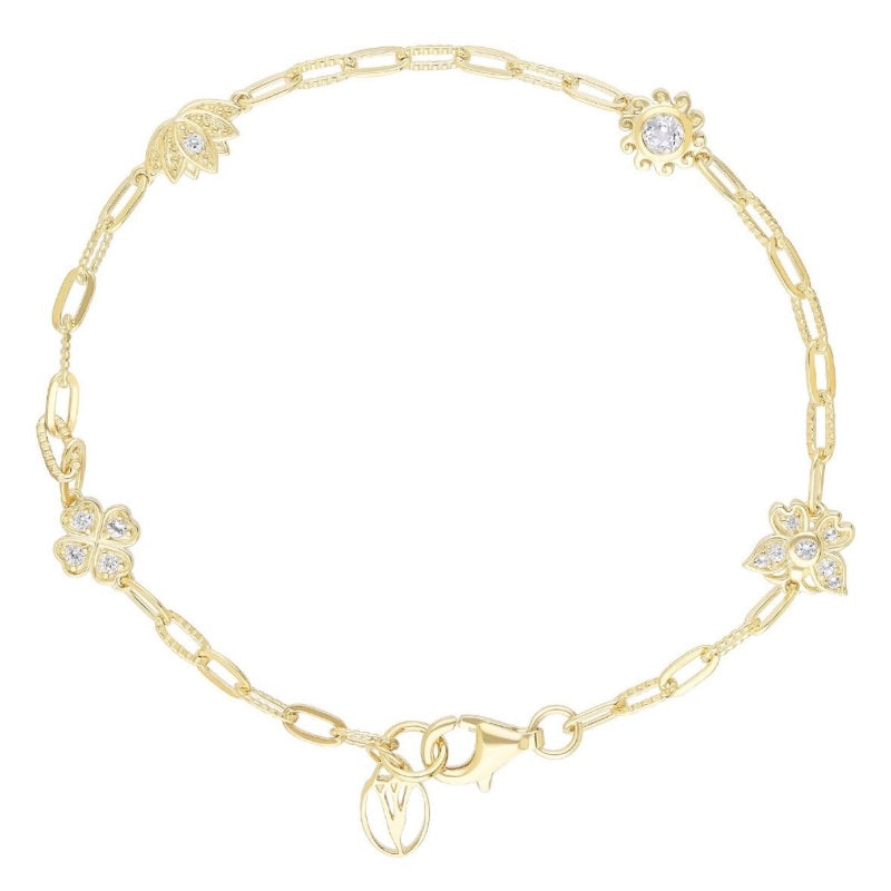Goddaughters Gold with White topaz Stones Good Vibes Bracelet with empowerment symbols