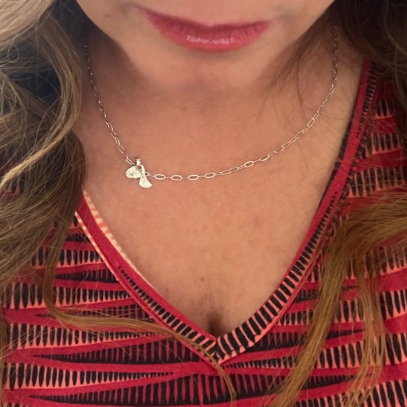 Goddaughters Male Cardinal Angel on my Shoulder Necklace lifestyle photo