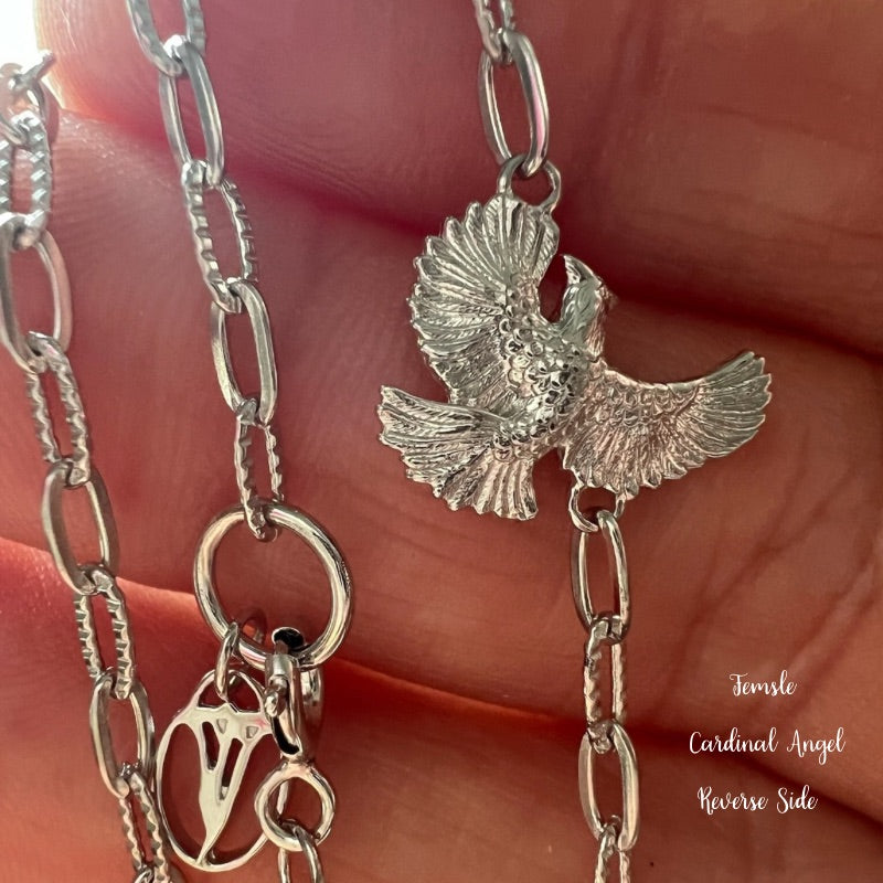 Goddaughters Sterling Silver Female Cardinal Necklace reverse side showing detail