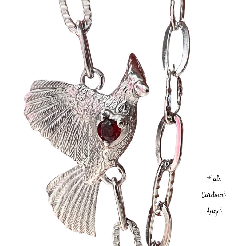 Goddaughters Sterling Silver Male Cardinal Angel on my Shoulder with Garnet Necklace