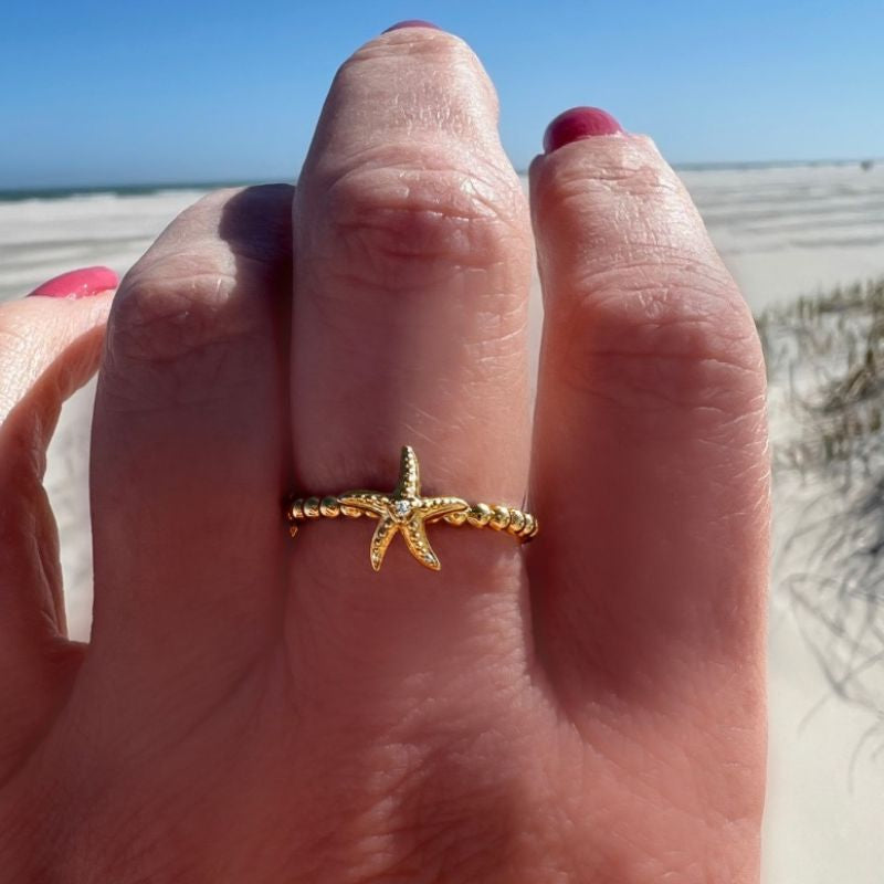 Golden Starfish Beaded Band Ring by Goddaughters wearable Art for the Soul