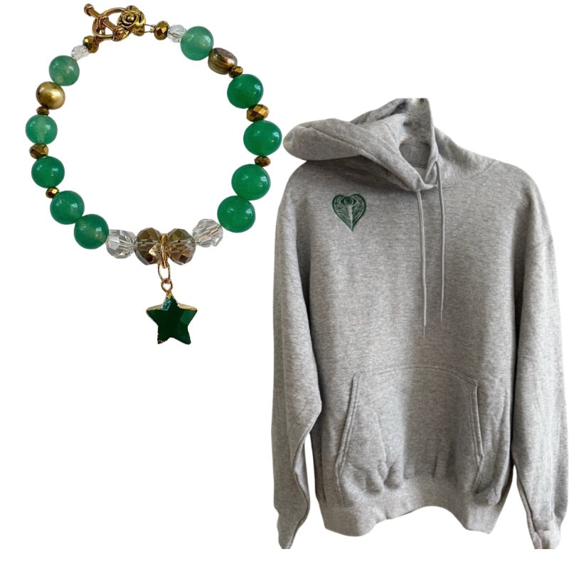 Green Embroidered AngelEyes Heart on the Shoulder Grey Hoodie & Green Star Aventurine Bracelet