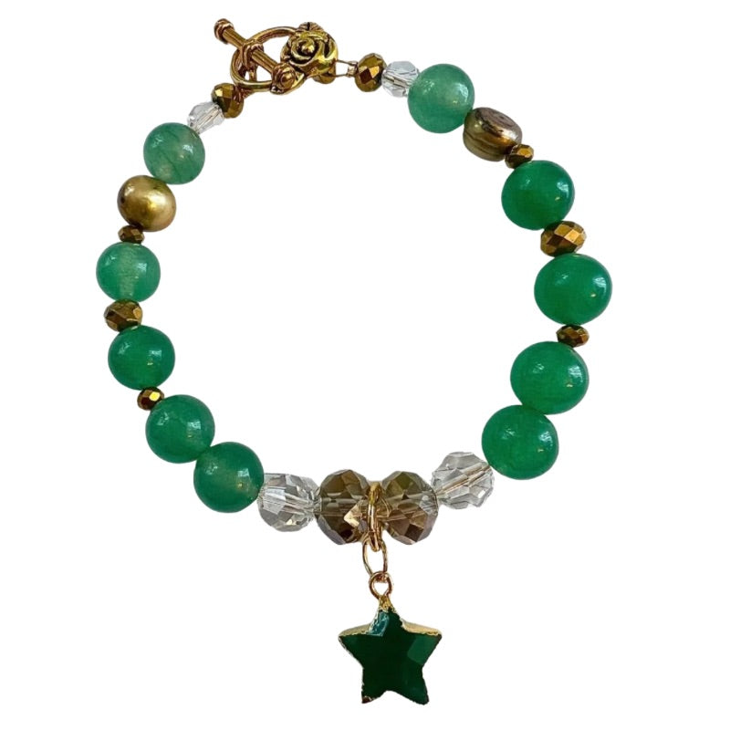 Green Embroidered AngelEyes Heart on the Shoulder Grey Hoodie & Green Star Aventurine Bracelet