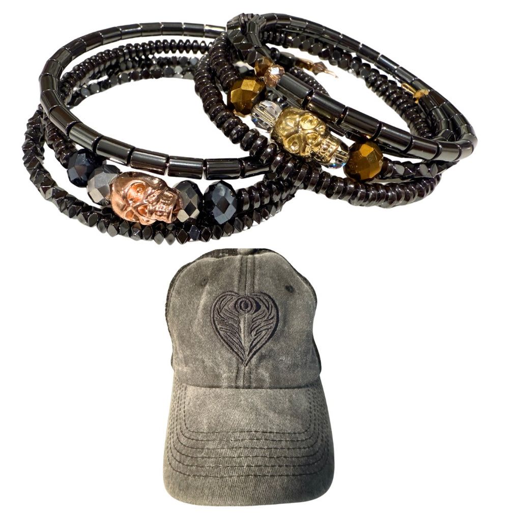 No Fear Skull Hematite Wrap Bracelet & AngelEyes Heart Hat Bundle