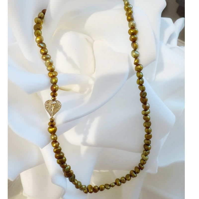 Limited Edition Gold Freshwater Pearl AngelEyes Heart on the Shoulder Necklace