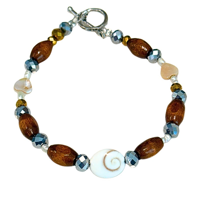 Shiva Shell Wood & Silver tones Bracelet