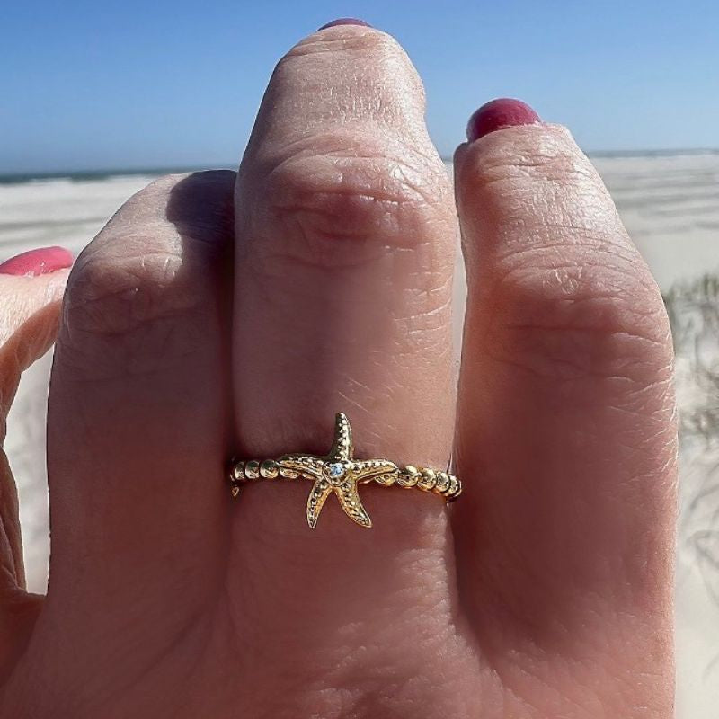 Starfish Mini Blue Topaz Beaded Ring By Goddaughters Wearable Art for the Soul
