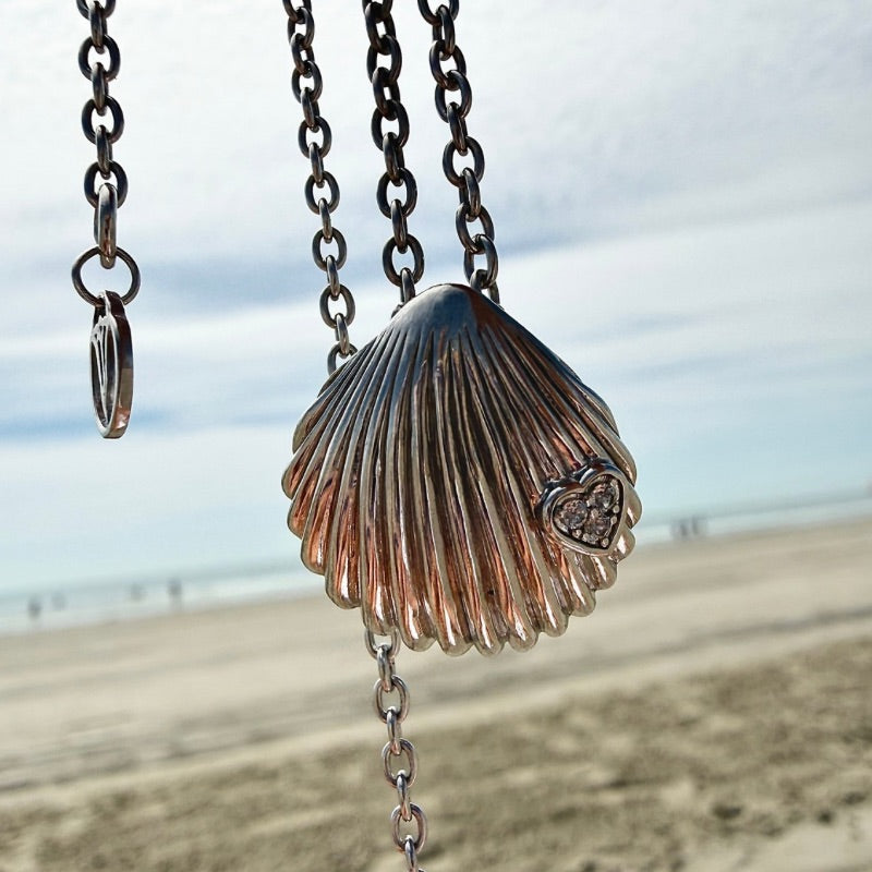 Sterling Silver Love Shell Necklace with white topaz heart by Goddaughters