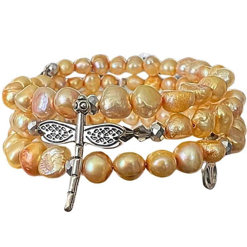 Dragonfly Freshwater Pearl Wrap Bracelet