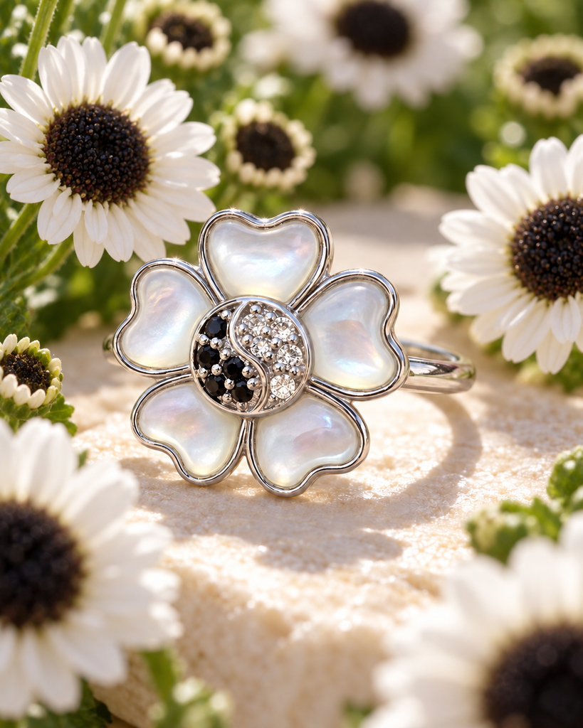 Yin Yang Pom Mother of Pearl Flower Ring by Angela Deegan of Goddaughters
