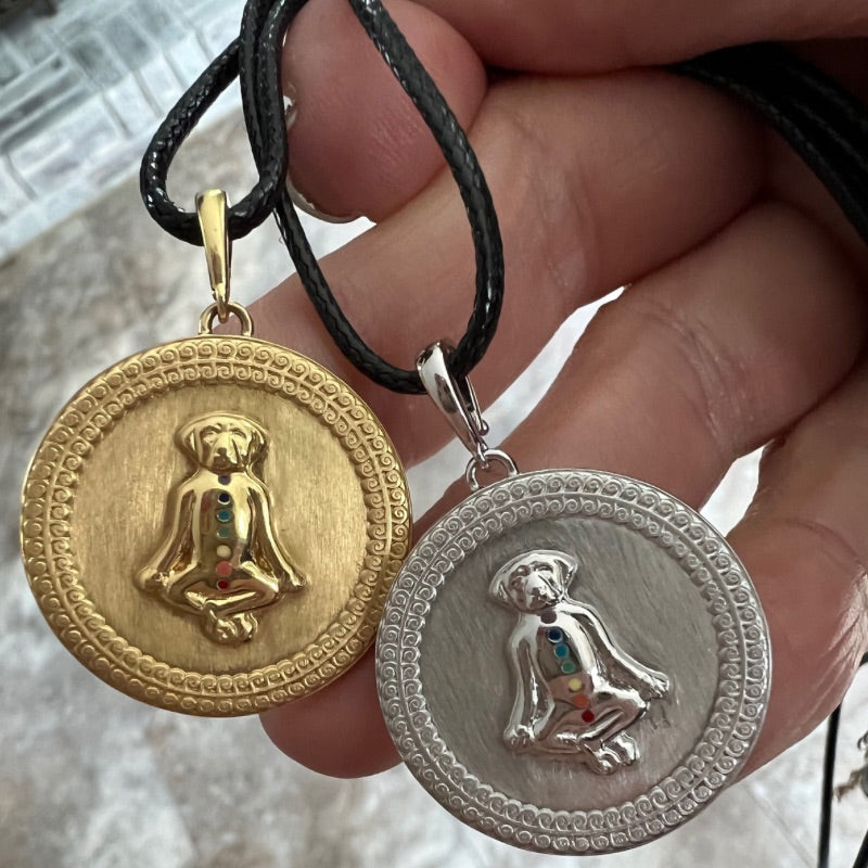 Zen Dog Meditation Medallions in Gold and Silver by Goddaughters