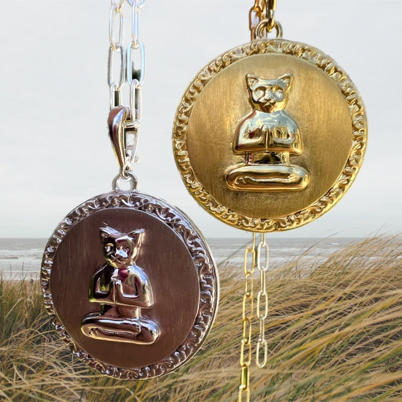 Zen Cat Meditation Medallion Necklace to help bring on your calm by Goddaughters